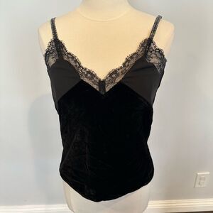 Maje Black Velvet Sleeveless Top Lace Lisa Slip Camisole Faux Leather Size Med